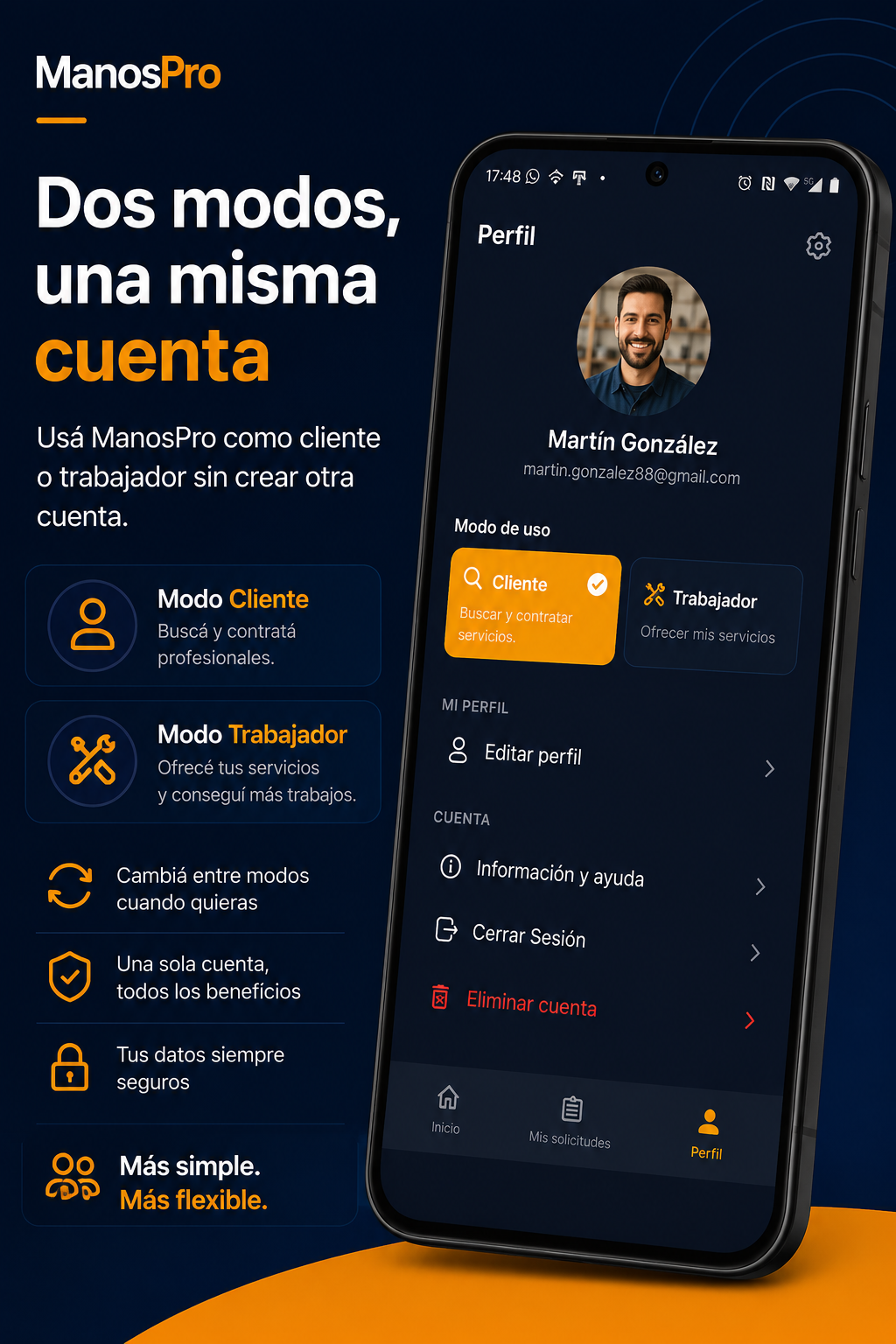 Dos modos, una misma cuenta: usá ManosPro como cliente o trabajador con la misma cuenta y cambiá de modo con un toque.